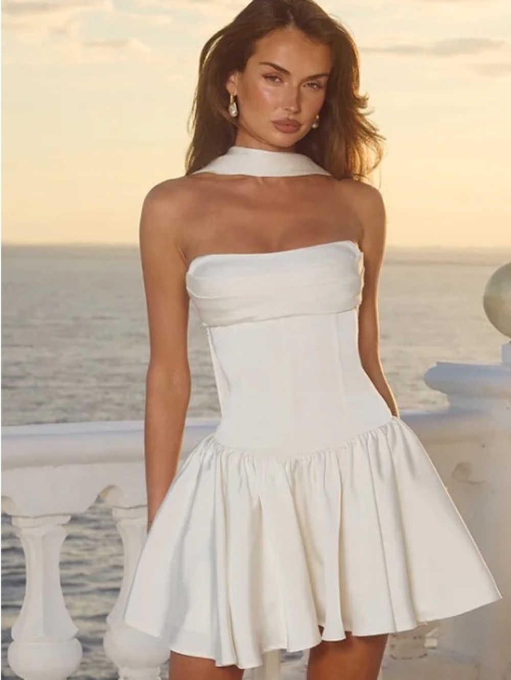Strapless White Fit-and-Flare Mini Dress with Neck Scarf